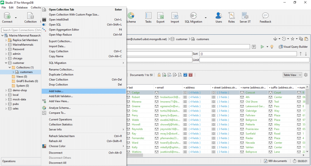 Right-click on a collection and choose Add Index