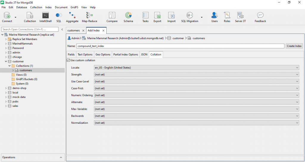 You can choose values for the predefined settings and use custom collation for your MongoDB index