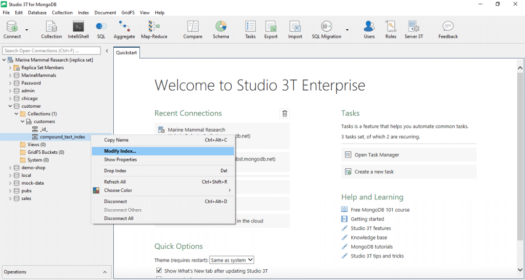 The MongoDB Studio 3T makes it very easy to modify a MongoDB index - simply right click, and done!