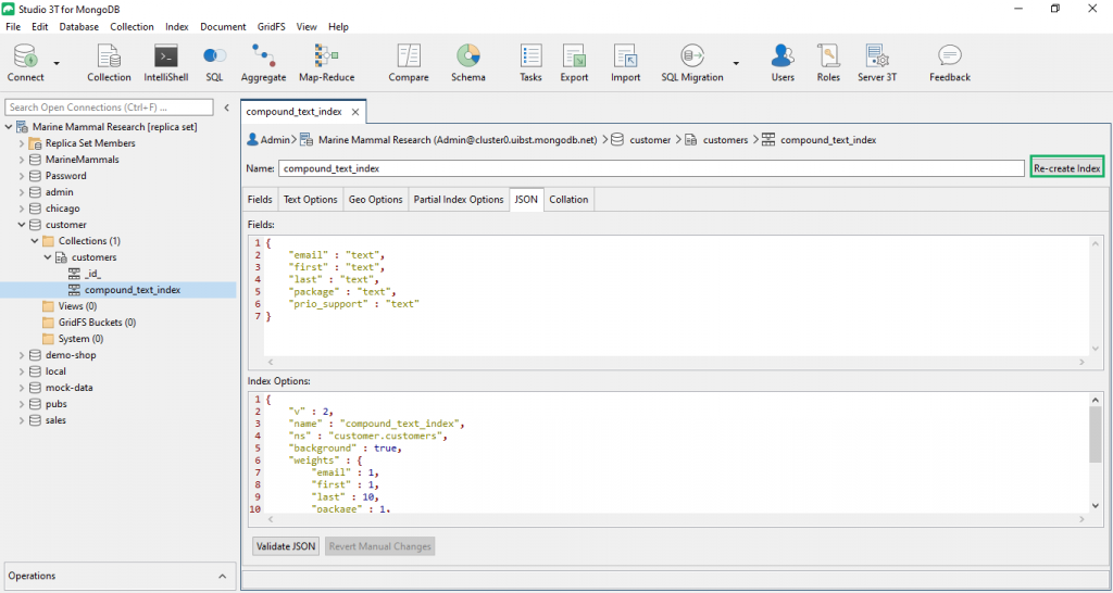 Once you have made your modifications, click on Re-create Index to update your MongoDB index