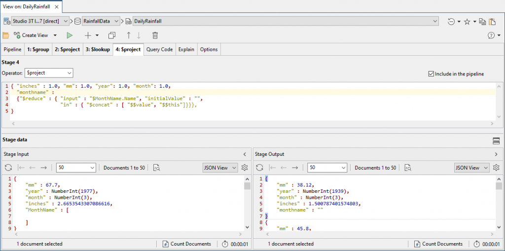 Pulling the months into a field using a $reduce function.