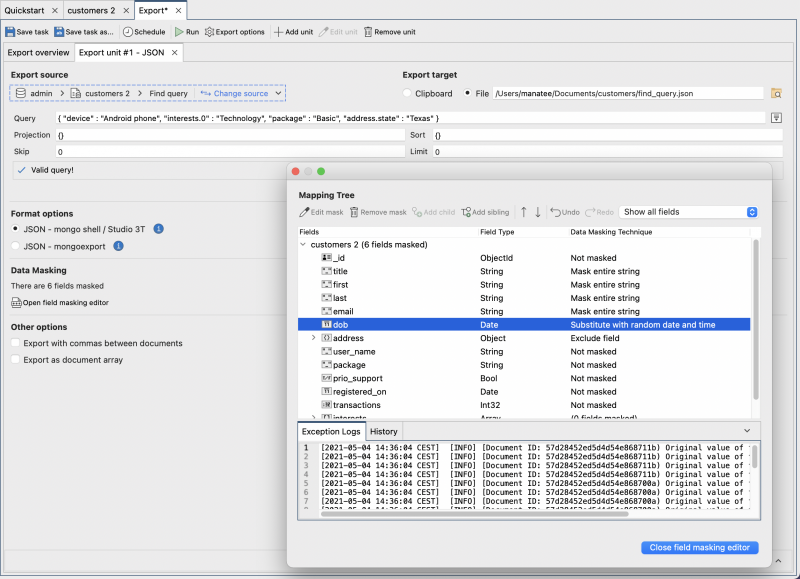 studio3t data masking on export