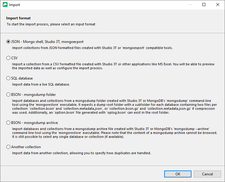 Choosing JSON as an import format in Studio 3T.