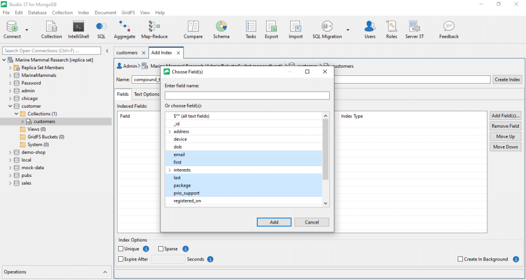 Choose the fields you want added to your MongoDB index