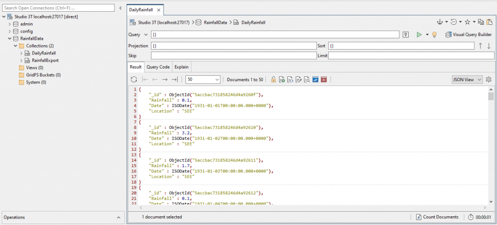 The Connections Pane, Operations Pane, and Results Tab in Studio 3T.