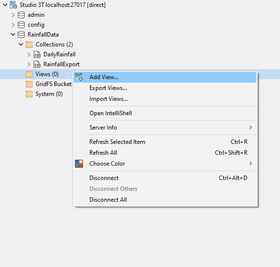 Right clicking a view to add a new view to a collection in Studio 3T.