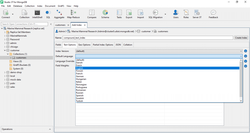 Under Text Options, you can easily set the default language of your newly-created MongoDB index