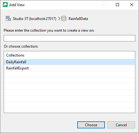 Choosing a collection to add a new view in Studio 3T.