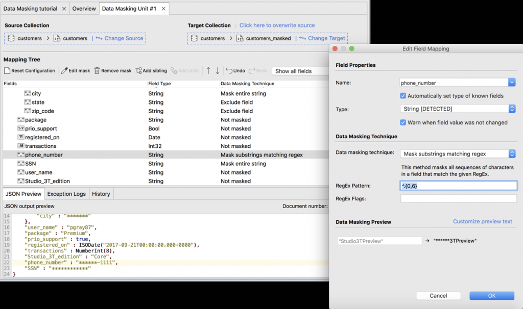 Apply a data masking method to a field