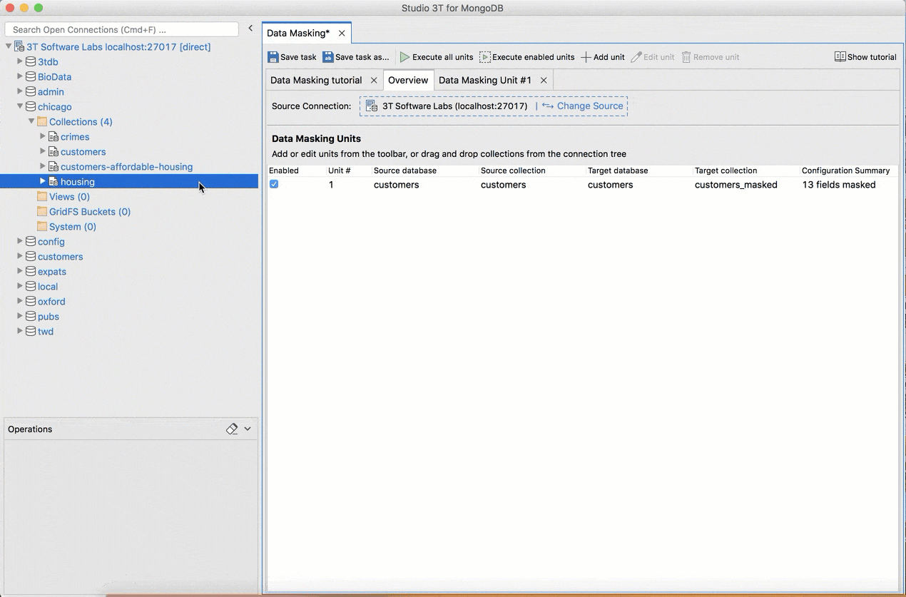 Dragging collections to add data masking units