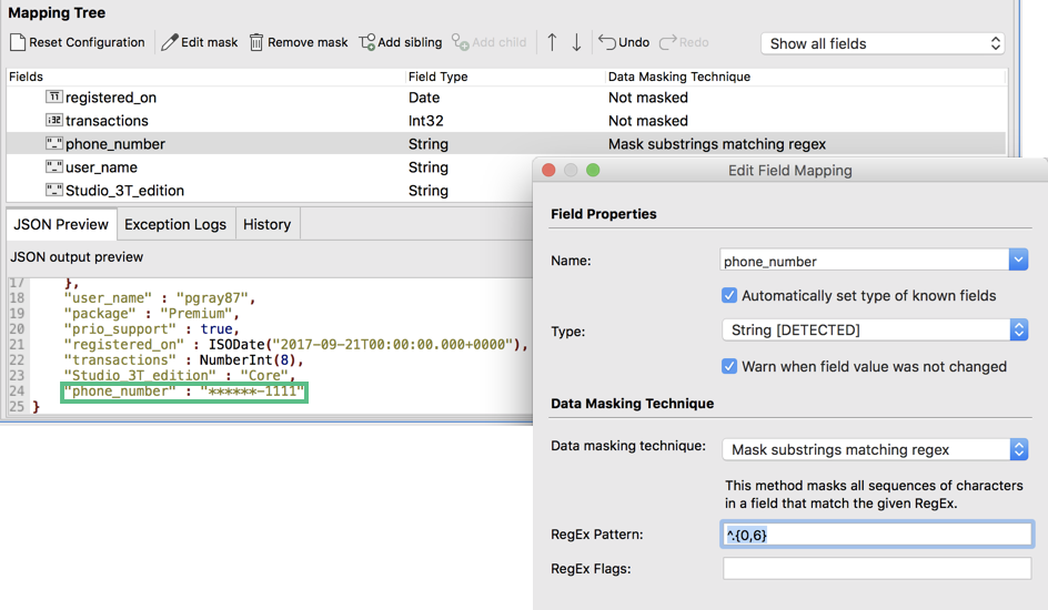 MongoDB-Datenmaskierungstool, das die Maskierung auf Basis von Regex ermöglicht