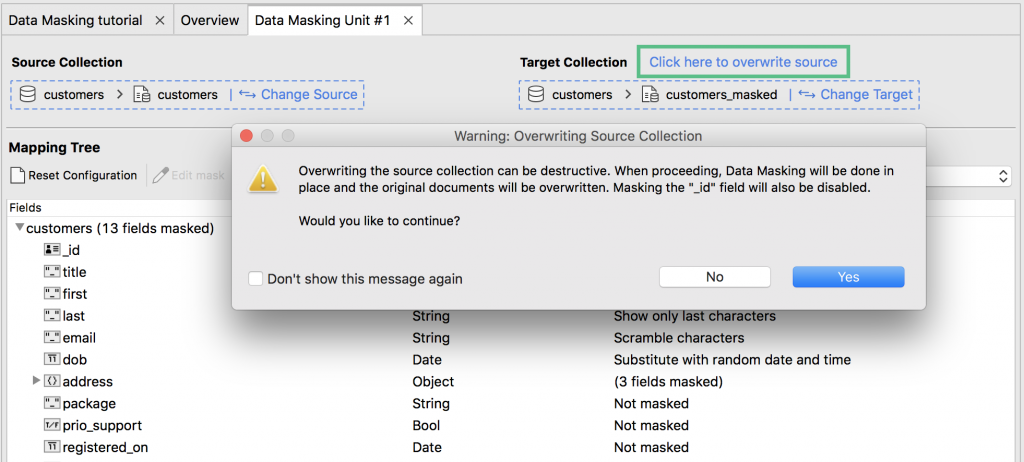 MongoDB data masking tool that lets you overwrite the source collection