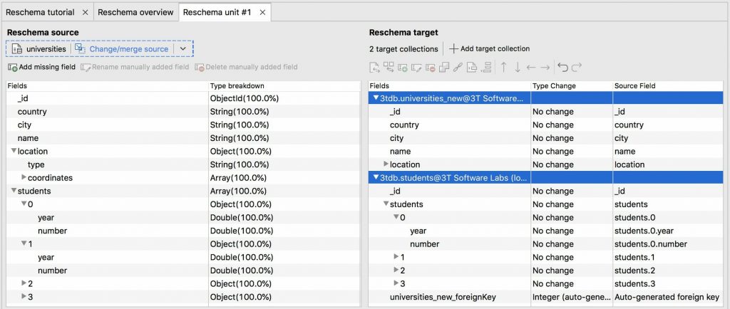 Le reschema vous permet d'enregistrer des champs dans différentes collections cibles.