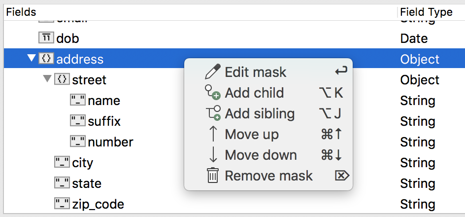 Right-click on a field in Data Masking