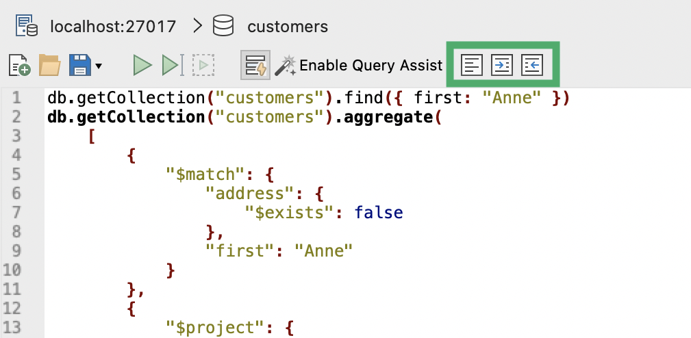 Format MongoDB query code