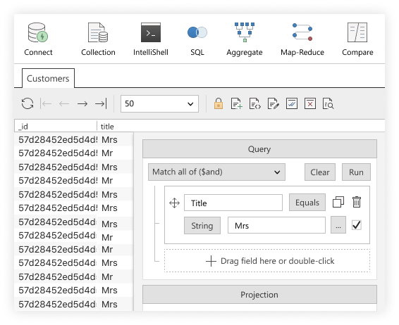 Visual Query Builder - one of many ways to query in the MongoDB GUI, Studio 3T