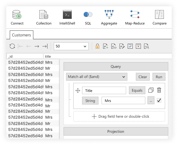 Constructeur visuel de requêtes - l'une des nombreuses façons d'effectuer des requêtes dans l'interface graphique de MongoDB, Studio 3T