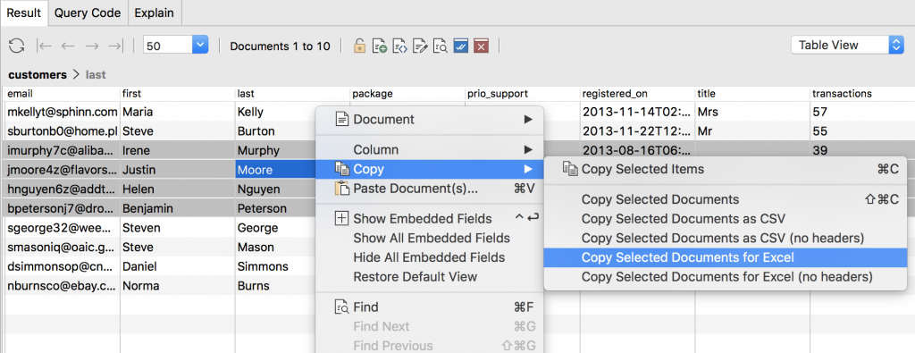 Copy and paste MongoDB query results to Excel