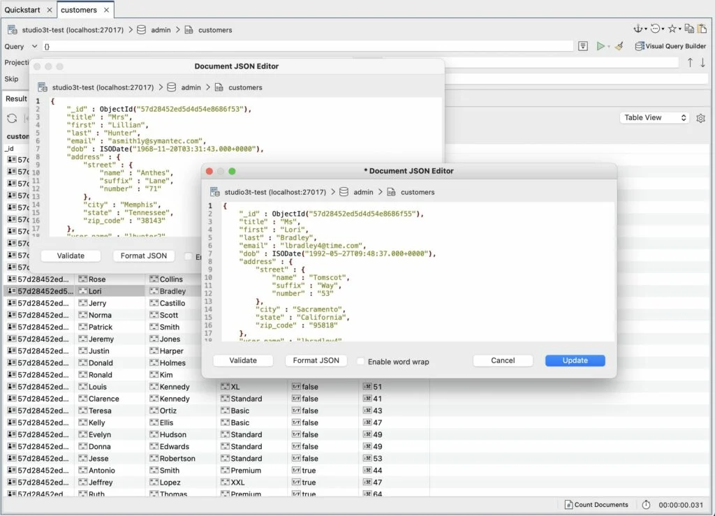 Edit multiple JSON documents and view JSON results as pure JSON
