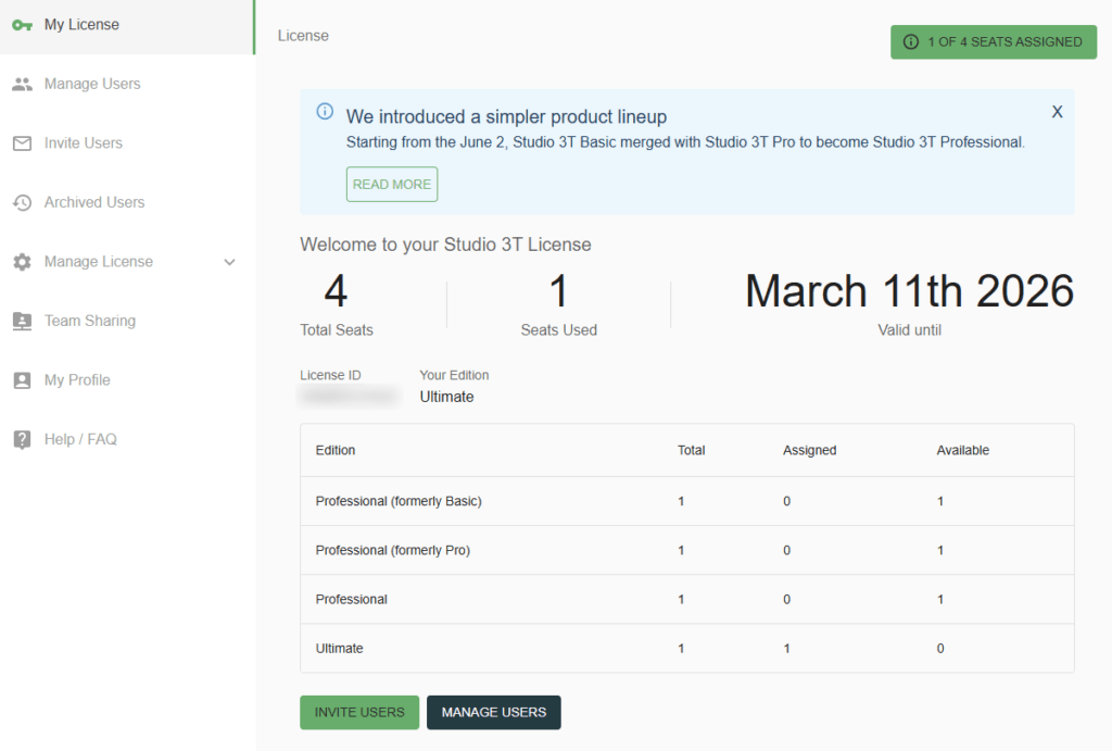 An overview page that shows the edition and the number of assigned seats for your Studio 3T license.