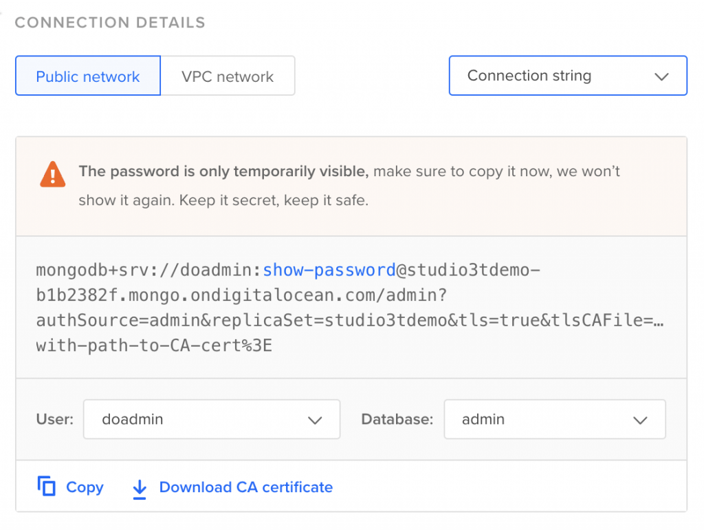 The MongoDB connection string is easier to copy than separate details