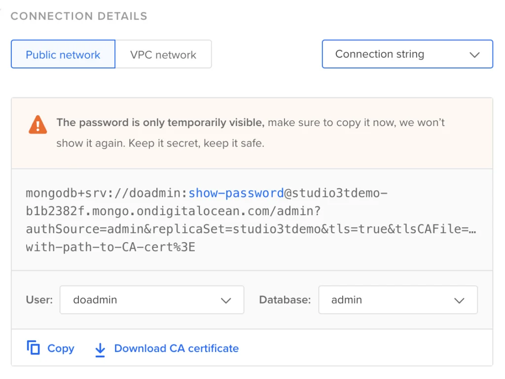 The MongoDB connection string is easier to copy than separate details