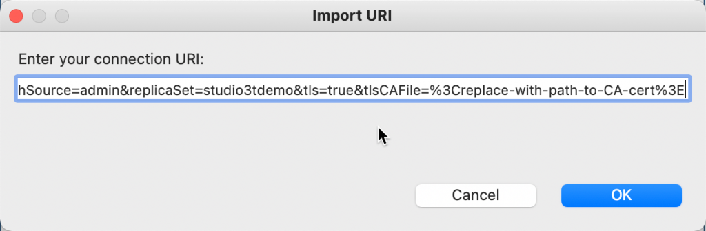 The Import URI prompt - paste your DigitalOcean URI here