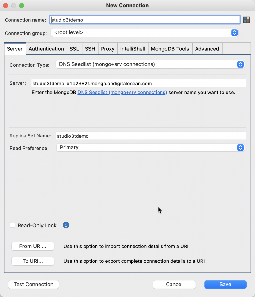 The Connection Dialog populated from the connection string