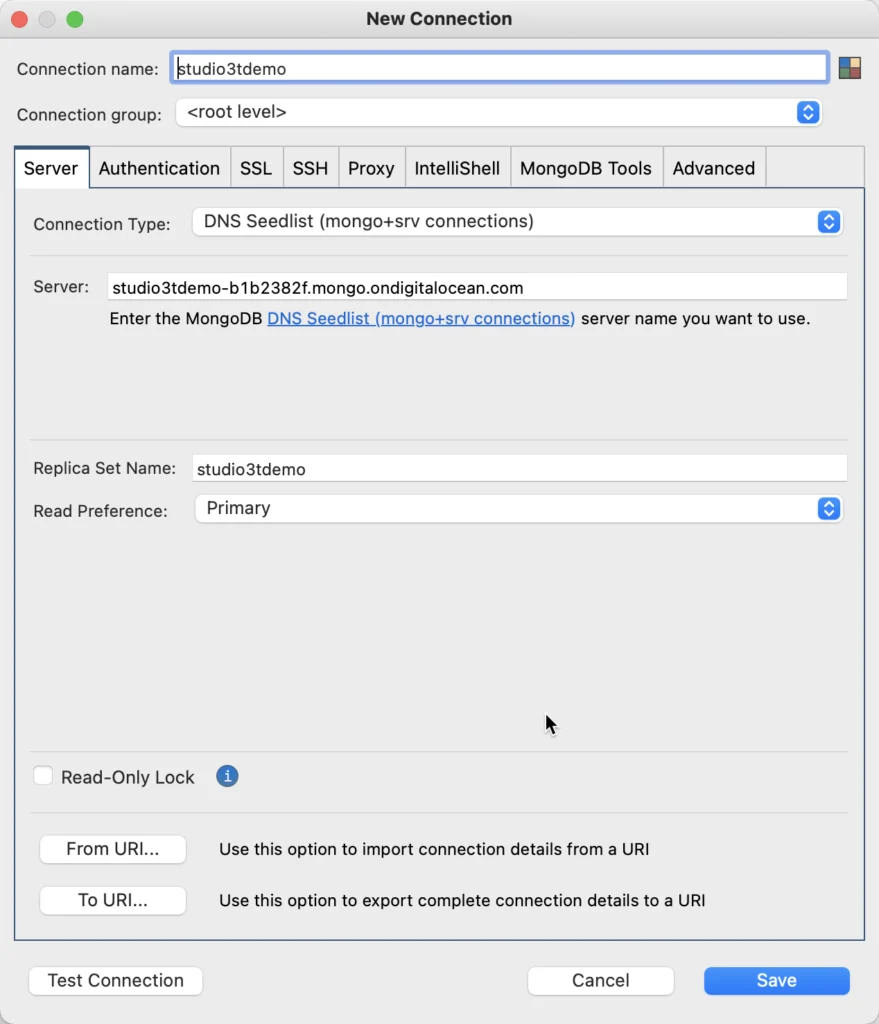 The Connection Dialog populated from the connection string