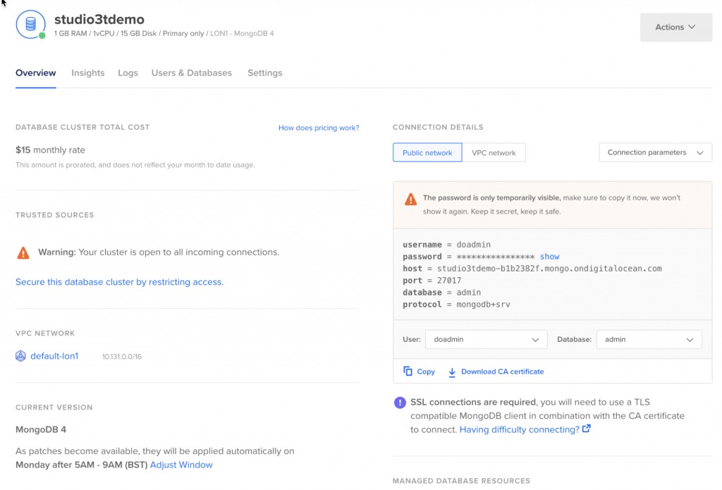 The DigitalOcean overview for a MongoDB cluster