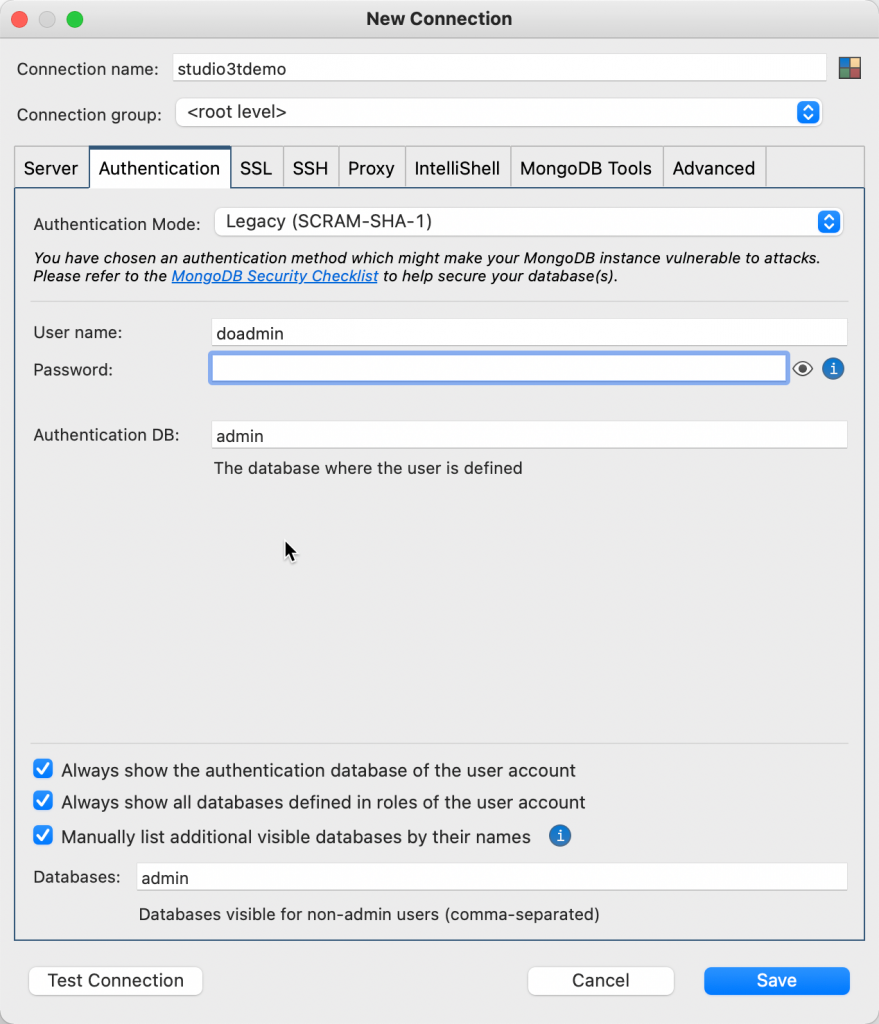 Enter the password for the "doadmin" user