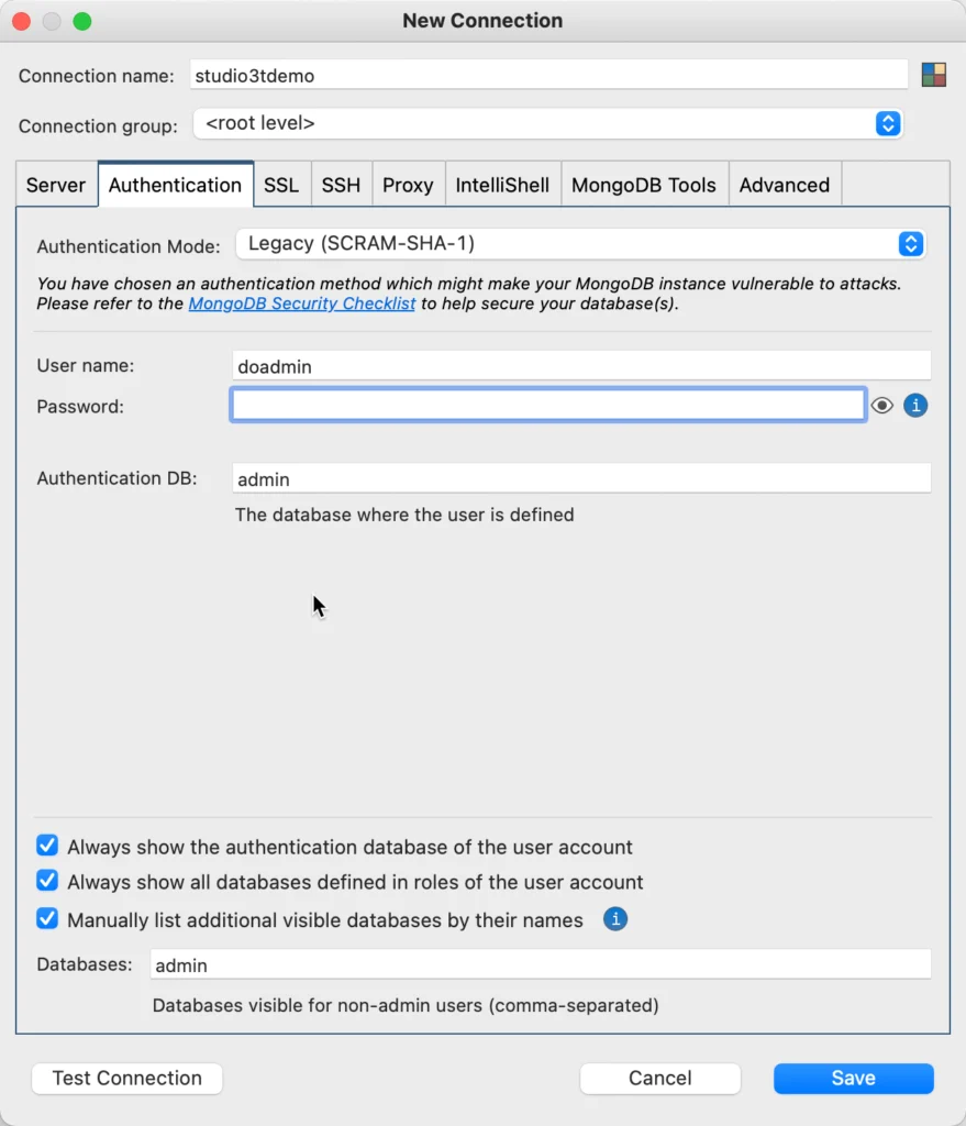 Enter the password for the "doadmin" user