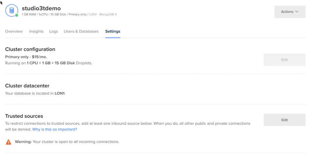 The DigitalOcean settings for MongoDB