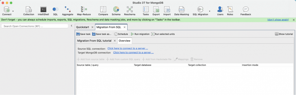 Starting SQL Migration, the Studio 3T view