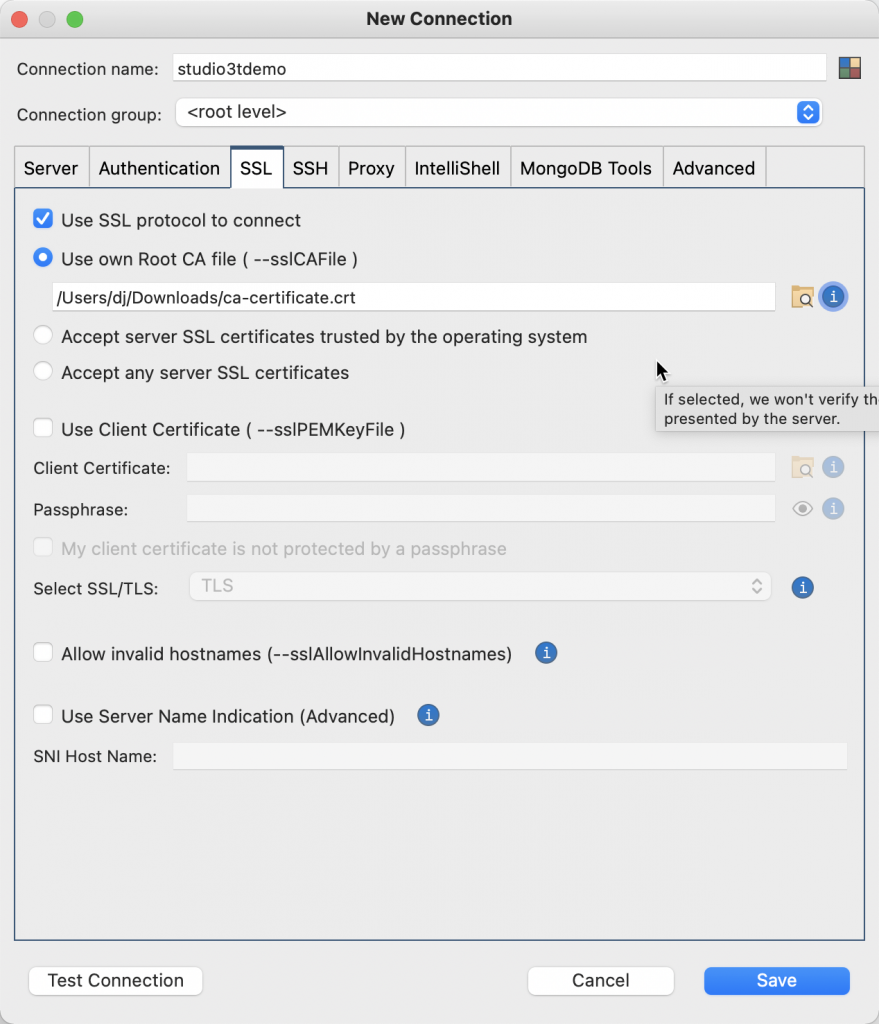 Setting the CA Root file to the downloaded CA root file