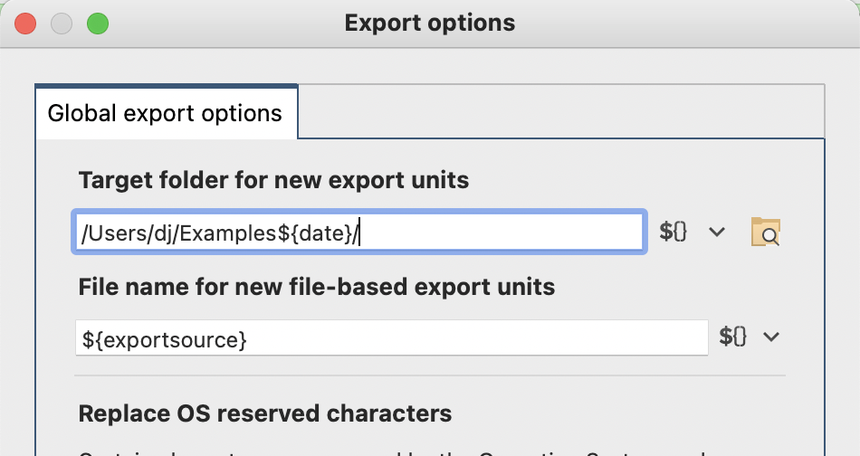 Global Options for Export tasks include the ability to set folder and generated filename settings
