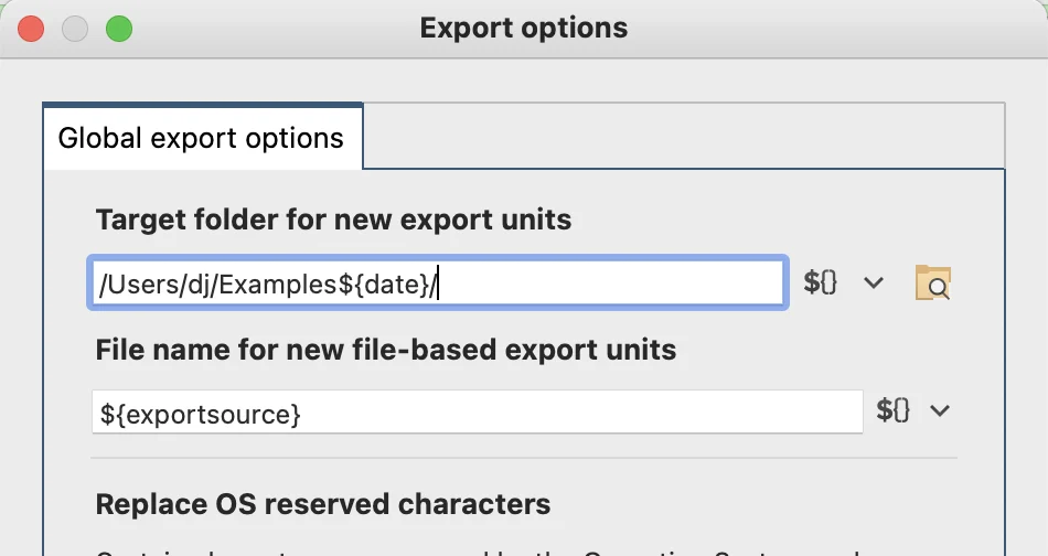 Global Options for Export tasks include the ability to set folder and generated filename settings