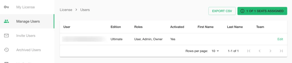 Under Manage Users in Studio 3T's License Manager, click Edit to reassign the seat to another user.