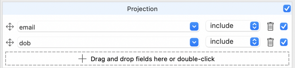 Projecting just email and dob columns for exporting or copy and paste