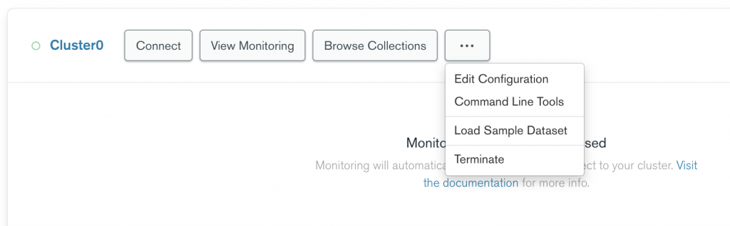 MongoDB Atlas Dashboard's load sample datasets menu item.