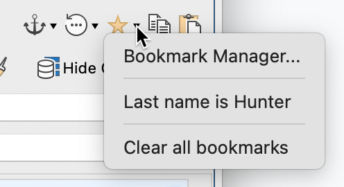 The bookmark dropdown menu shows the manager and any created bookmarks