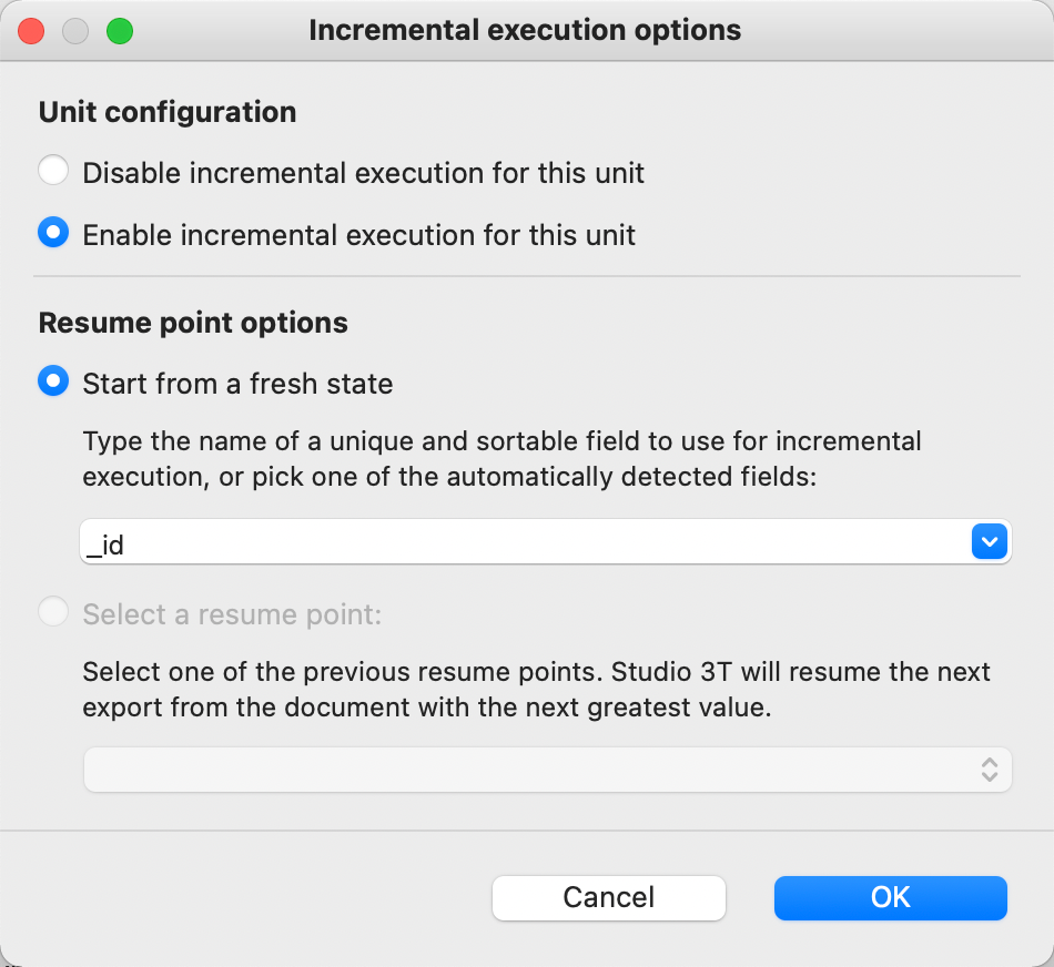Setting the incremental execution options to start from a fresh state, tracking on the _id field