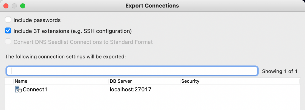 Export Connections defaults to not export database passwords.