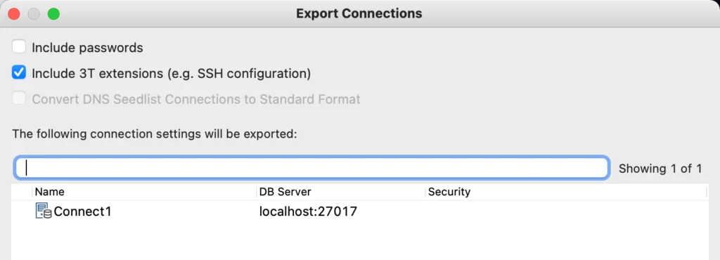 Export Connections defaults to not export database passwords.