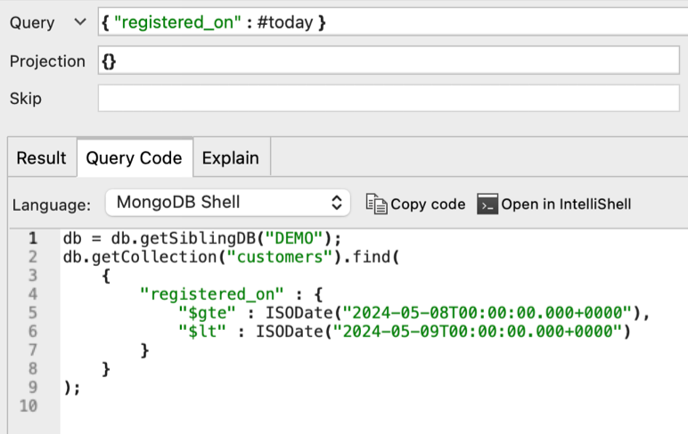 Studio 3T's date tags help you query MongoDB date fields by adding greater and less than operators to your MongoDB query