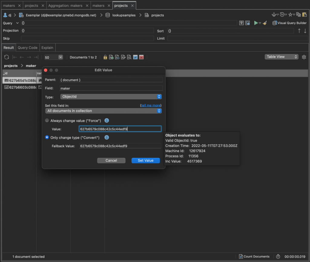 Screenshot of the Edit Value dialog for changing a field type - we do this so the types match and MongoDB can do an efficient and correct $lookup aggregation stage.