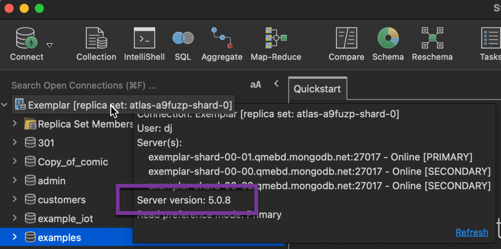Finding the MongoDB version by hovering over the server entry