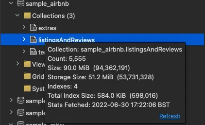 Hovering for MongoDB Statistics on a collection
