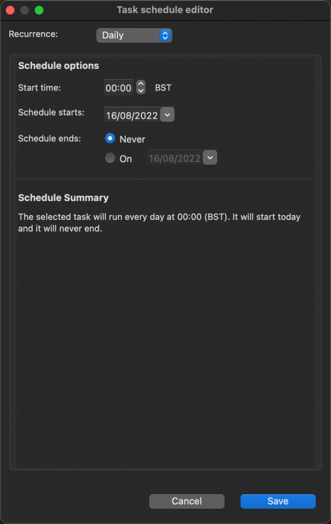 Select Daily to schedule a MongoDB task to run at a set time every day