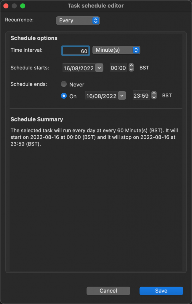 Select Every to schedule a MongoDB task to run at set intervals 